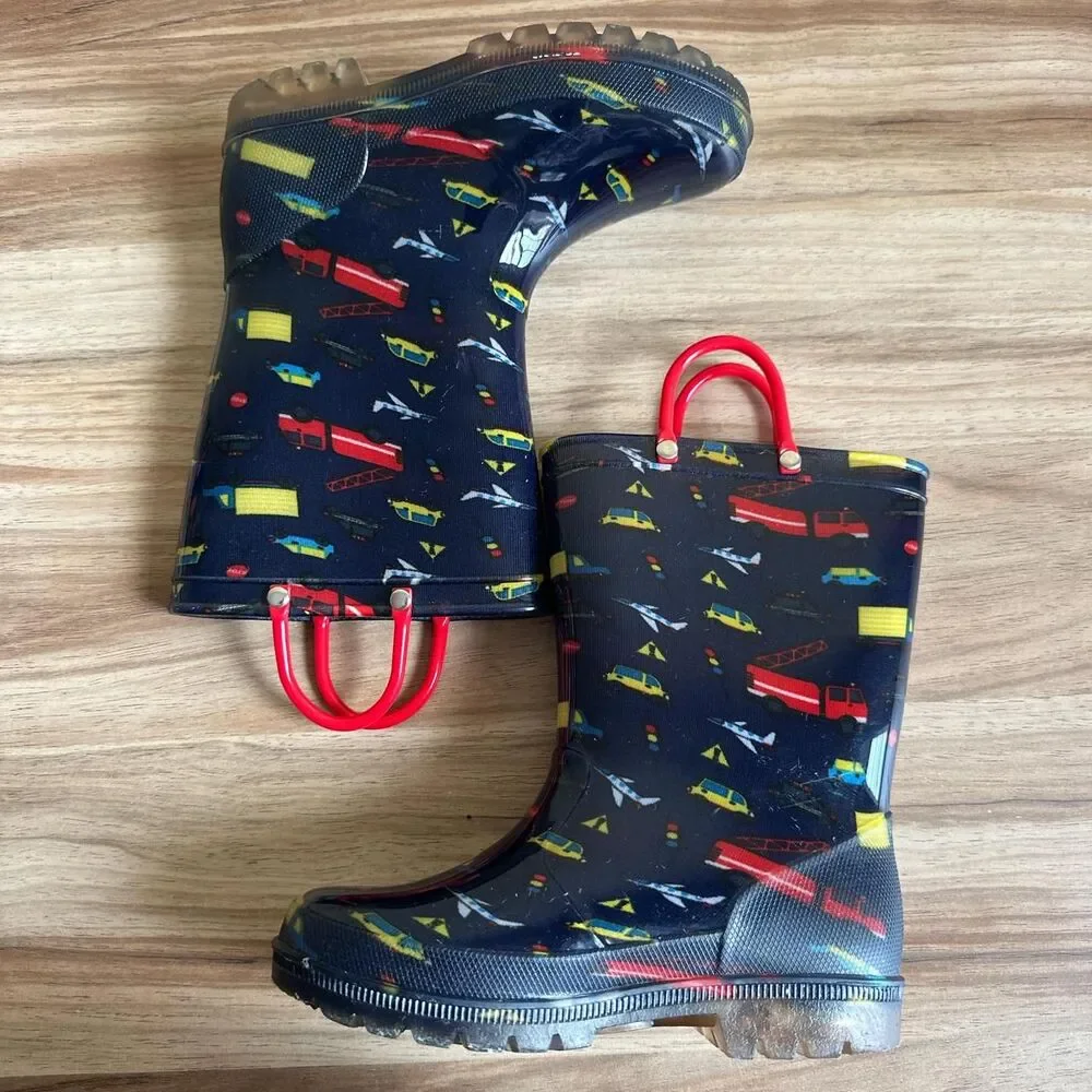 EUXTERPA kids boys vehicle Light-Up LED Rain Boots Cars Waterproof US13